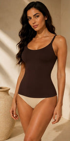 Débardeur sculptant gainant femme marron chocolat vu de face col rond - BODY PARIS